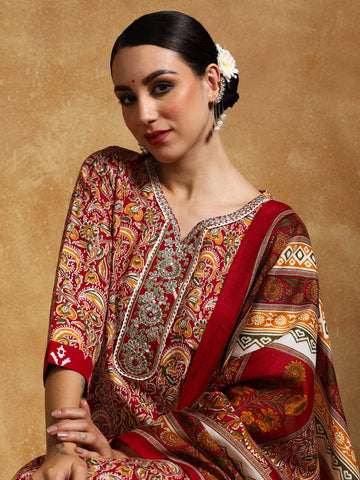 Varanga Women-Zari Detailed Ethnic Floral Printed Kurta With Trouser & Dupatta